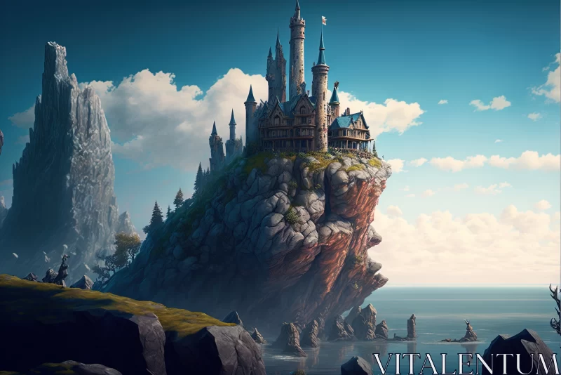 Majestic Citadel: A Fanciful Castle atop a Rocky Parallax Outcrop AI Image