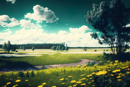 A Serene Landscape in the Park: A Spectacular Flowering Meadow