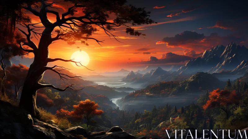 Ethereal Embrace: Mountains Embracing the Fiery Sunset AI Image