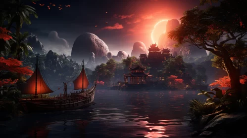 A Sunset Magic: Embracing the Tranquil Journey of a Passing Ship in a Traditional Chinese Landscape