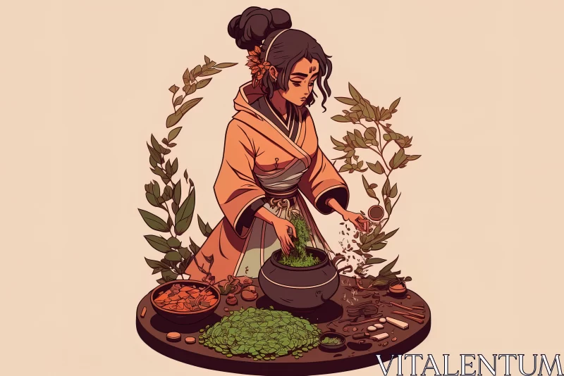 Harmony in Nature's Embrace: Alluring Closeup of a Serene Woman Crafting Herbal Alchemy AI Image