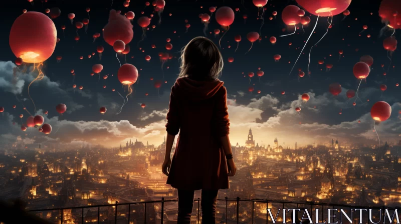 Cinematic Whispers: A Sky of Scarlet Balloons AI Image