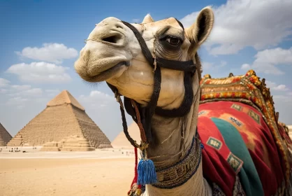 Sand-drenched Adventures: A Majestic Camel Guides the Way in Egypt AI Image