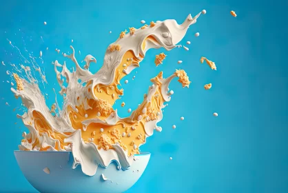 Cascading Delight: A Whimsical Symphony of Corn Flakes and Milk on a Blue Canvas