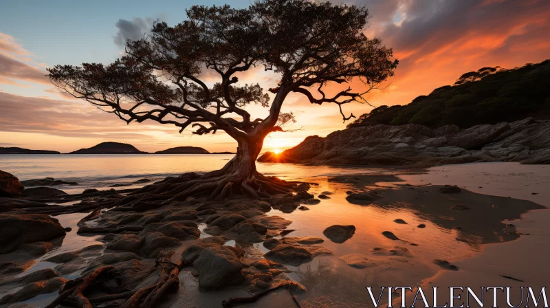 Ethereal Embrace: The Majestic Dance of Twisted Branches at Sunset AI Image