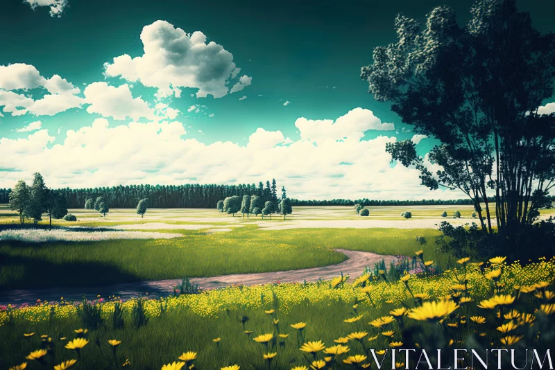 A Serene Landscape in the Park: A Spectacular Flowering Meadow AI Image