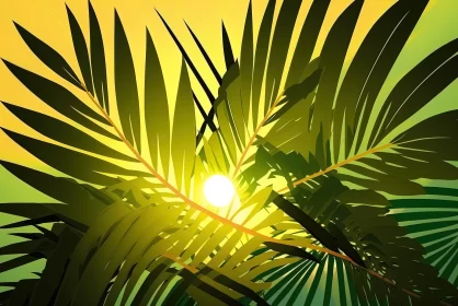 Sun-kissed Palms: A Serene Dawn Scene of Lush Green Leaves and a Glowing Sunrise
