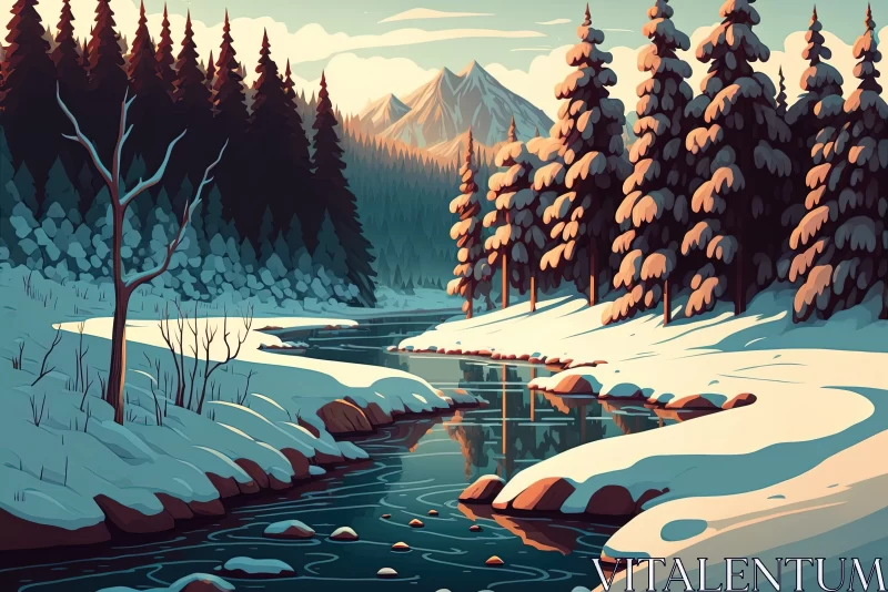 A Fantastic Scenery of a Snow-Covered River and Waterfall-Filled Forest AI Image
