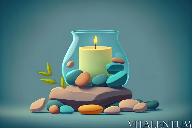 Serenity in Stillness: A Calm Composition of Vase, Candle, and Spa Stones on a Blue Oasis AI Image