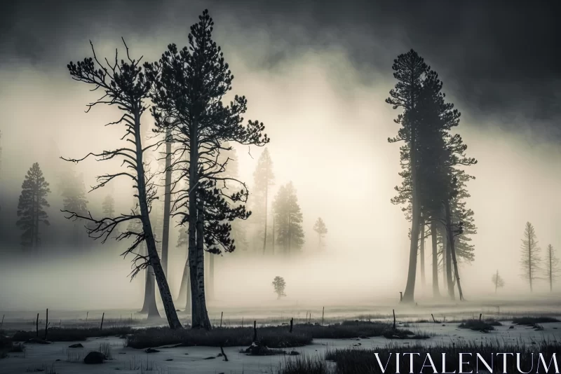 Enigmatic Enchantment: Mists of Mystery Shroud the Trees in Yellowstone's Tapestry AI Image