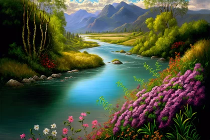 A Serene Escape: Discovering the Tranquil Paradise of a River and Flower Landscape