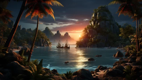 Sunset Voyage: The Seafaring Tales of a Pirate Ship amidst the Tropical Island's Embrace AI Image