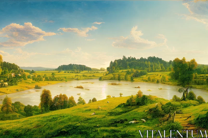 Explore a Perfect Summer Landscape With Trees, Meadows, River, and the Sun AI Image