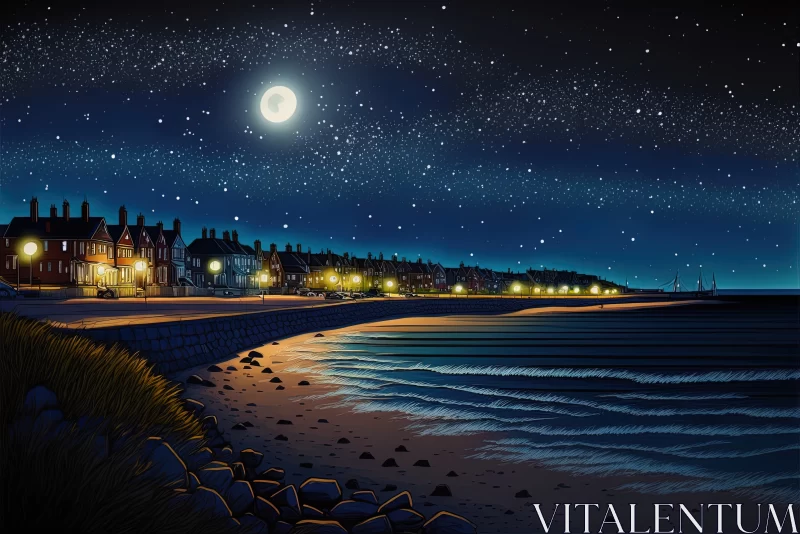Starry Symphony: Sandsfoot Beach, Dorset — Where City Lights and Night Sky Dance AI Image
