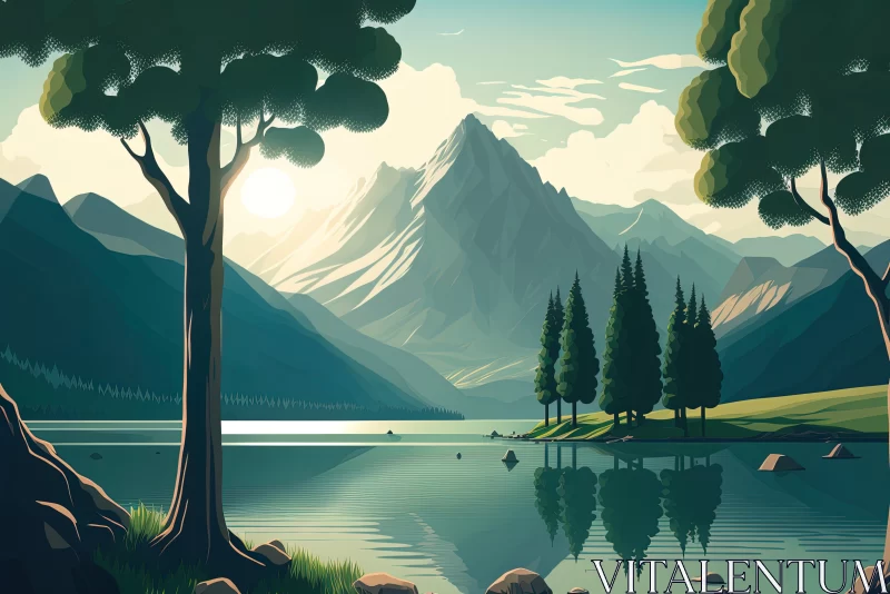 Natural Serenity: An Idyllic Landscape of Tranquil Waters and Lush Mountains AI Image