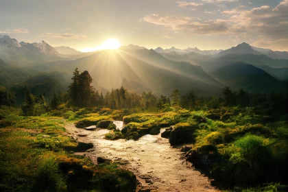 Discovering the Spectacular Splendor of a Sunlit Mountain Forest Landscape
