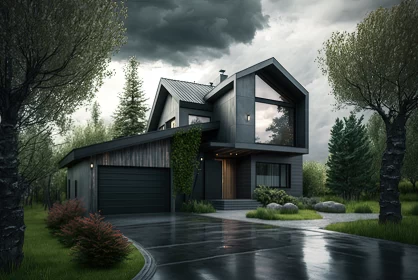 Modern Serenity: The Contemporary Gray House Amidst Nature's Embrace AI Image
