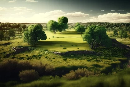 A Serene Oasis: A Large Green Landscape Surrounded by Towering Trees