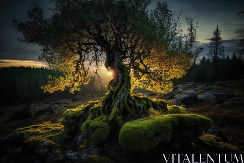 Nature's Embrace: The Illuminated Mossy Tree AI Image