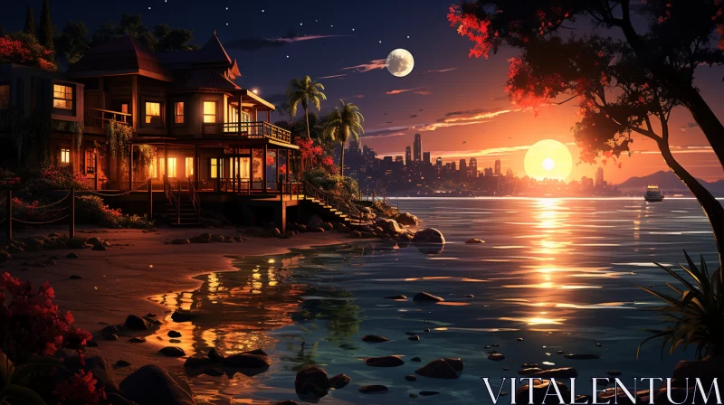 Aqua Dreamscape: Sunset Serenade in an Exotic Fantasy Haven AI Image