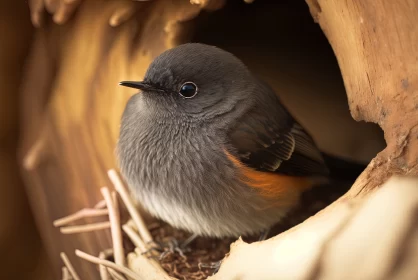 Whispers of Spring: A Delicate Encounter with a Black Redstart in its Wooden Sanctuary