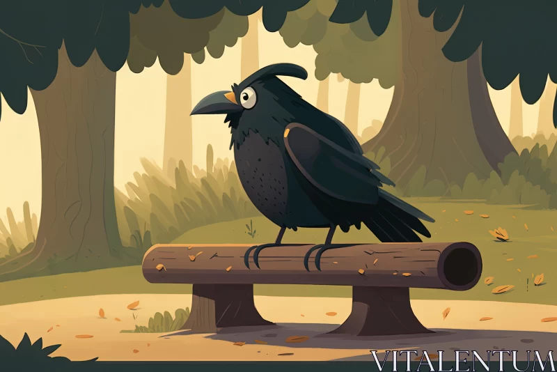 Silent Sentinels: Unraveling the Mystery of a Crow's Wisdom on a Tree Trunk Bench AI Image