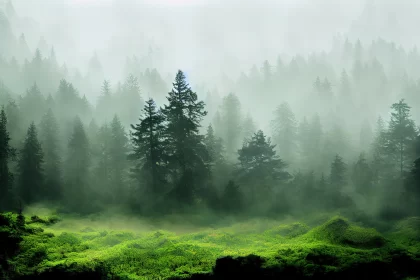 Creating a Serene Atmosphere With a Green Summer Woods Abstract Backdrop: A Misty Forest Landscape