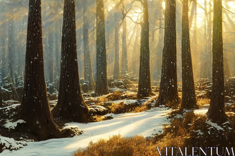 Illuminated Serenity: A Winter Wonderland in the Pine Forest AI Image