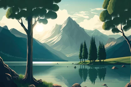 Natural Serenity: An Idyllic Landscape of Tranquil Waters and Lush Mountains
