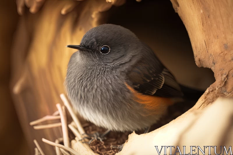 Whispers of Spring: A Delicate Encounter with a Black Redstart in its Wooden Sanctuary AI Image