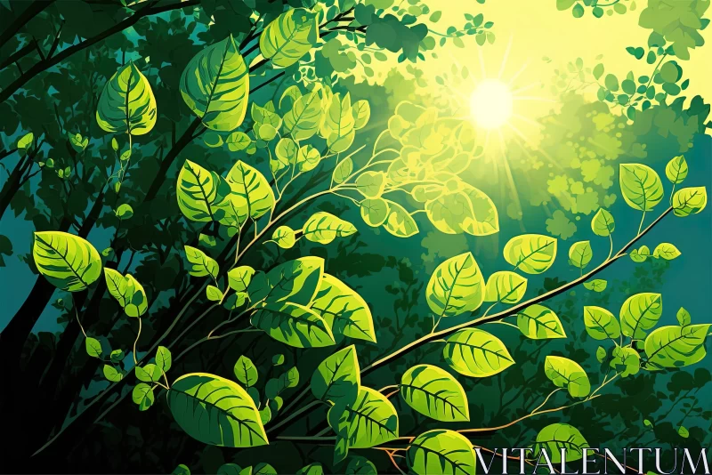 Green Leaves with Sunlight in Nature - A Captivating AI Illustration AI Image