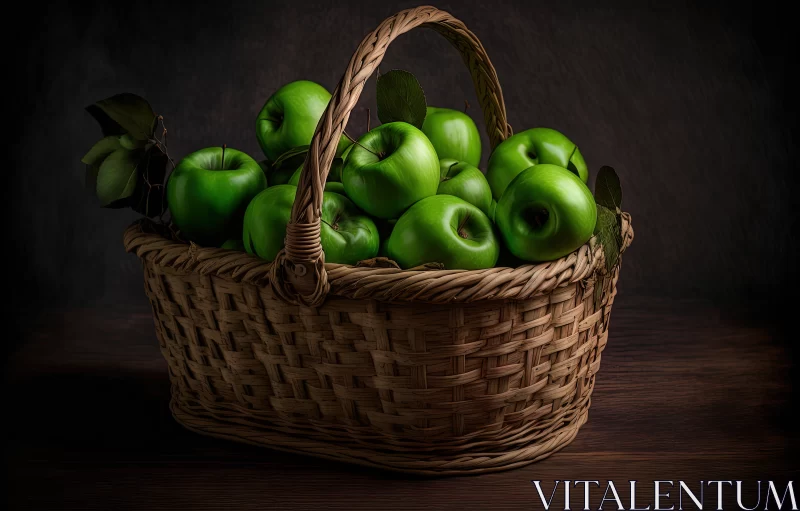 AI ART Fresh and Crisp: Scrumptious Green Apples in a Rustic Wicker Basket