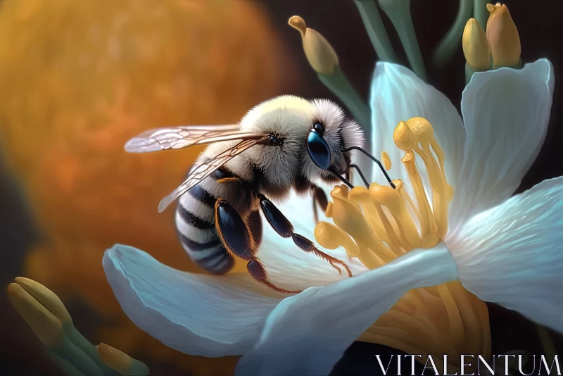 A Serene Symphony of Nature: A Garden Blossom Close-up with a Busy Bee AI Image