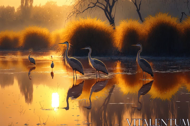 An Early Morning at Moldavian Lake: A Scenic View of Herons and Sunshine AI Image