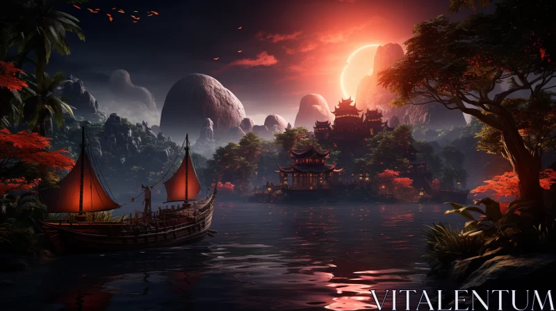 A Sunset Magic: Embracing the Tranquil Journey of a Passing Ship in a Traditional Chinese Landscape AI Image