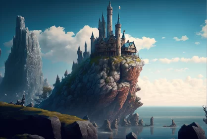 Majestic Citadel: A Fanciful Castle atop a Rocky Parallax Outcrop