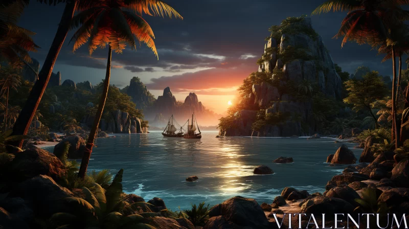 Sunset Voyage: The Seafaring Tales of a Pirate Ship amidst the Tropical Island's Embrace AI Image