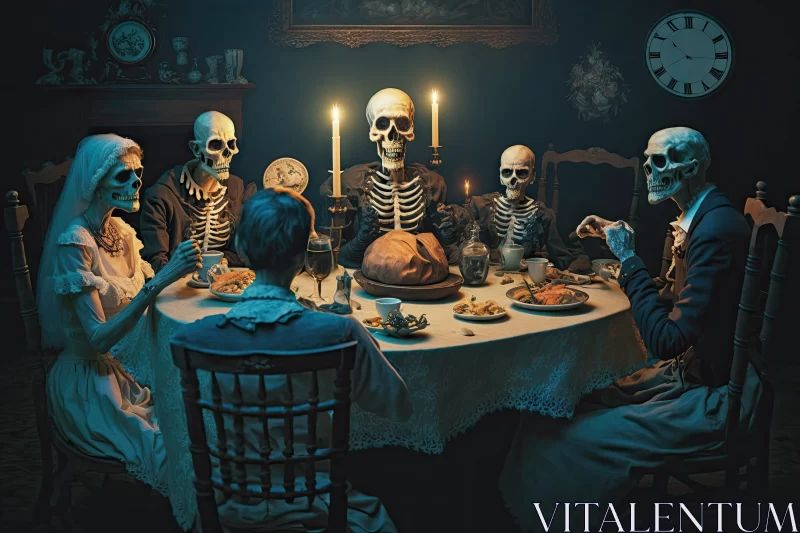 Ghoulish Gathering: A Genre-Defying Seance With Stalwart Skeletons AI Image
