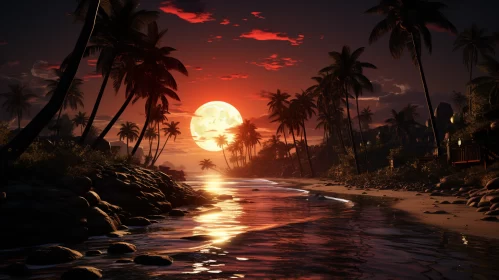 Moonlit Serenade: A Romantic Rendezvous by the Palm-fringed Shore AI Image