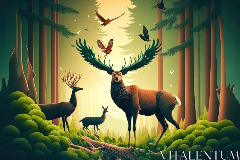 Astonishing Deer and Flying Birds in a Serene Woodland Scene AI Image