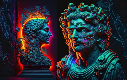 Psychedelic Encounters: Ancient Statues and Acid-Trippy Neon Posters Merge in a Dazzling Fusion of A AI Image