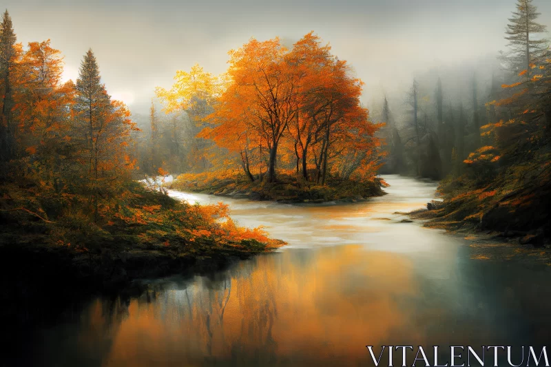 Autumnal Serenity: The Magic River in Sunlit Forests AI Image