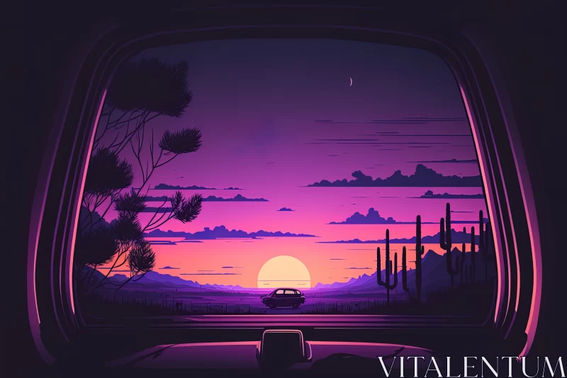 Radiant Reverie: A Kaleidoscope of Sunset Hues Dancing on a Purple Car's Window AI Image