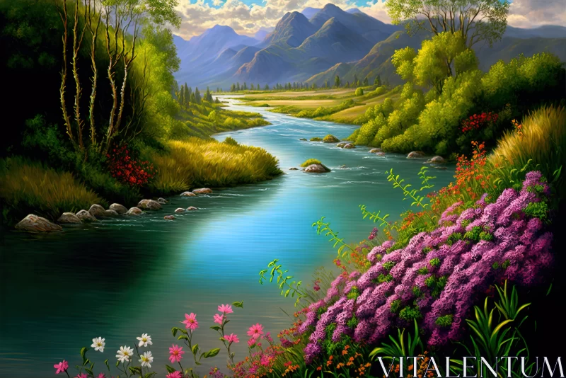 A Serene Escape: Discovering the Tranquil Paradise of a River and Flower Landscape AI Image