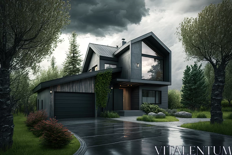 Modern Serenity: The Contemporary Gray House Amidst Nature's Embrace AI Image