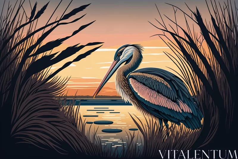 Serenity Unveiled: A Majestic Sunset Dance Amidst Phragmites and a Pelican's Grace AI Image