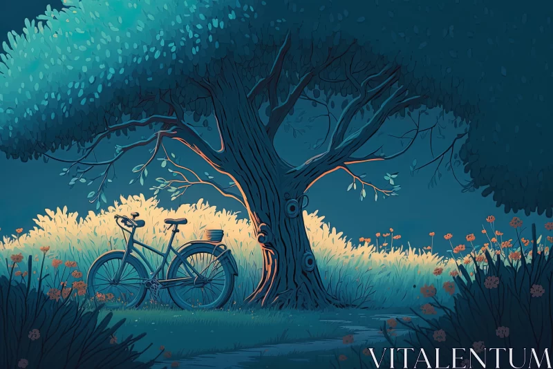 Azure Journey: A Serene Spring Morning Unveils a Blue Bicycle Beneath a Canopy of Blossoming Trees AI Image