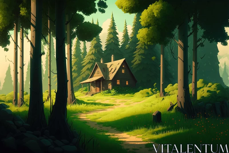 A Serene Forest Painting: Green Trees, Grass, and a Quaint Little Cabin in the Woods AI Image