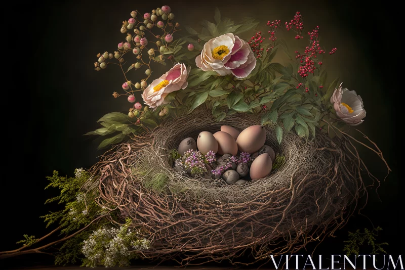 Nature's Tender Embrace: A Bouquet of Life Beside a Nest of Promises AI Image
