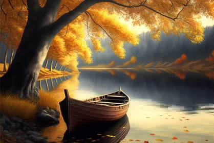 Captivating Autumnal Scenery: A Serene Lake with a Vacant Boat Amidst Colorful Trees